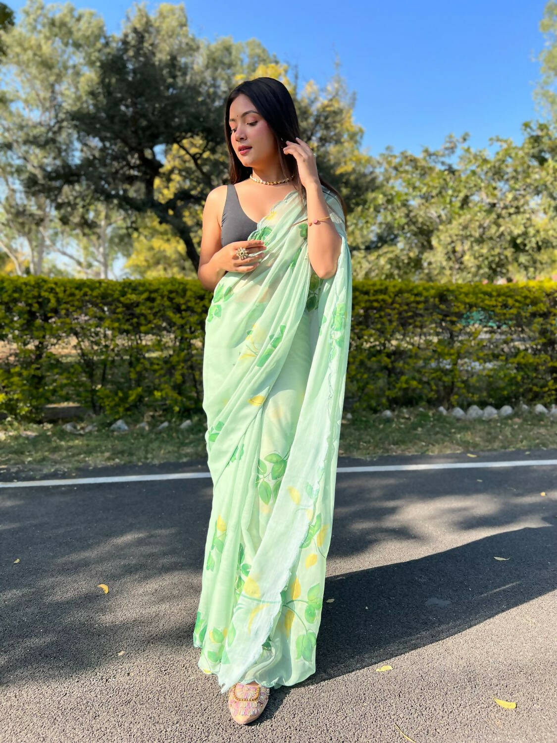 Vamsee Green Chiffon Designer Saree