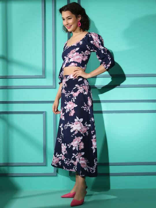 Blue Crepe Floral Printed Top with Matching Skirt - Shivani