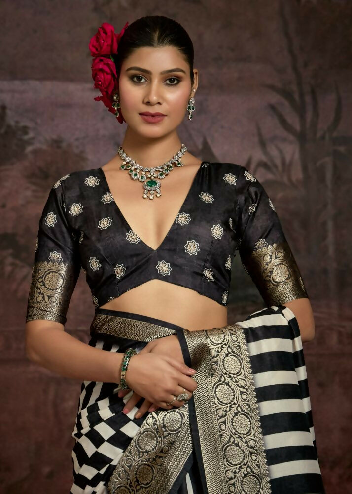 Joban Fashion Black Dola Tussar Silk Self Jacquard Border Saree