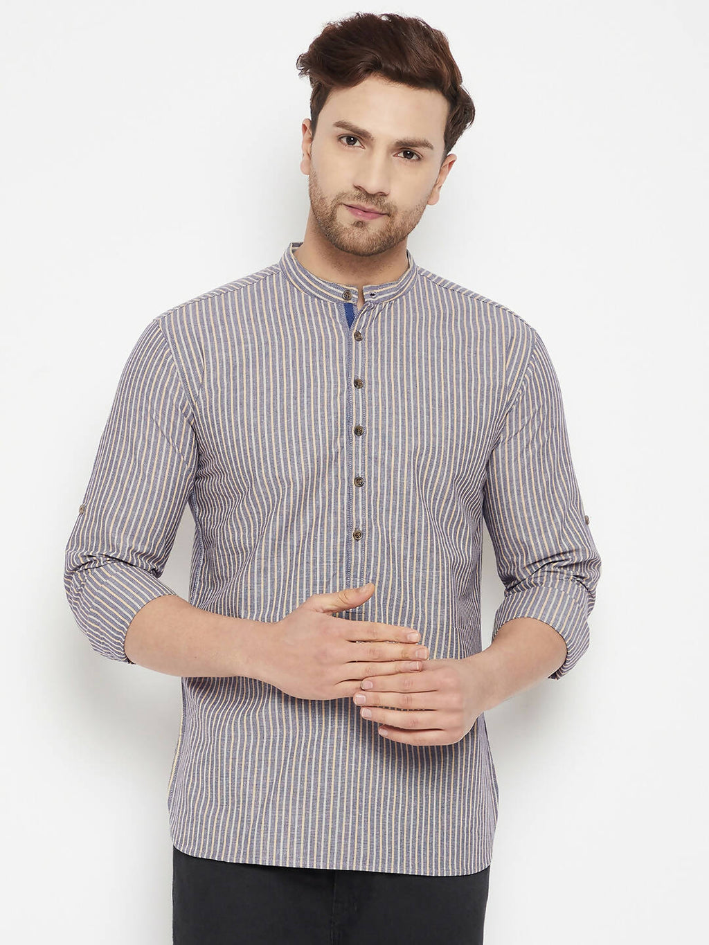Even Apparels Grey Color Pure Cotton Short Men's Kurta With Band Collar