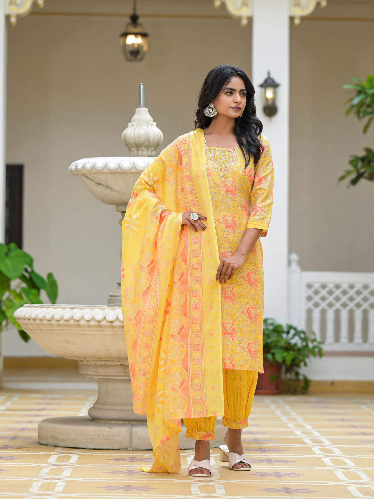 Juniper Women's Yellow Ethnic Motif Printed Cotton Kurta Pant With Dupatta Set With Sequins & Lace