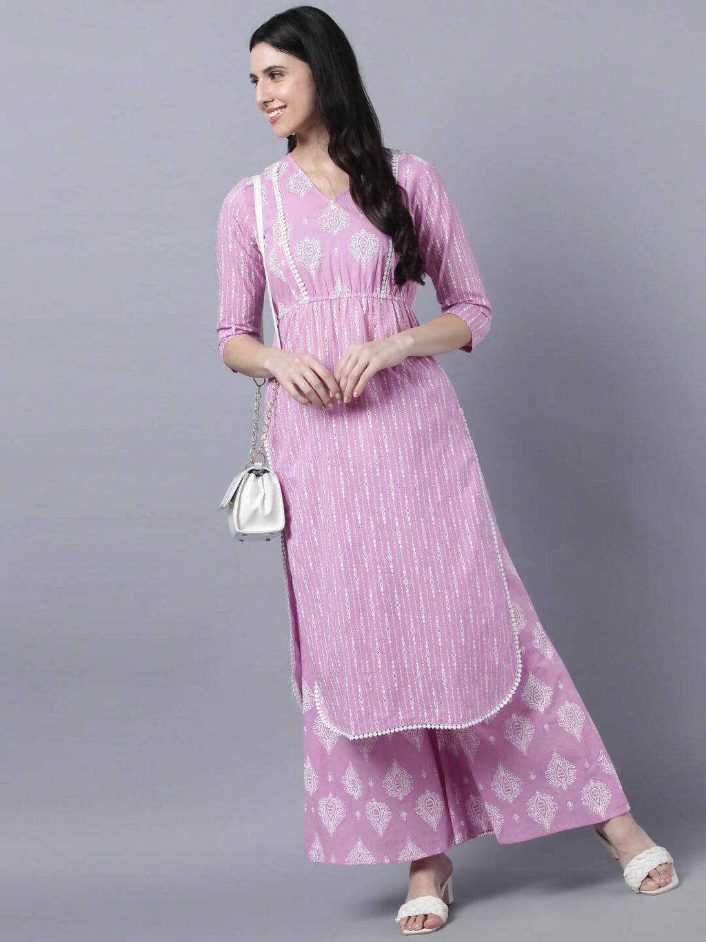 Myshka Stylish Pink 3/4 Sleeve Women's Kurta Palazzo Set