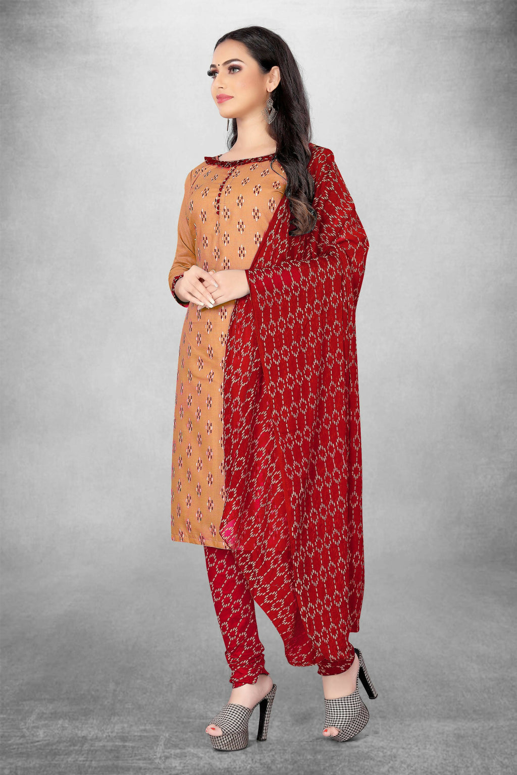 Beige Cotton Printed Unstitched Dress Material - Amara