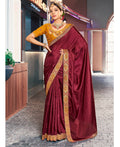 Dark Maroon Solid Vichitra Saree With Unstitched Blouse Piece - Selena