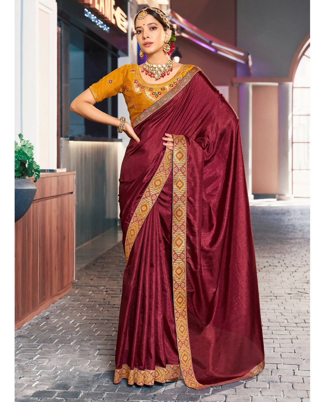 Dark Maroon Solid Vichitra Saree With Unstitched Blouse Piece - Selena