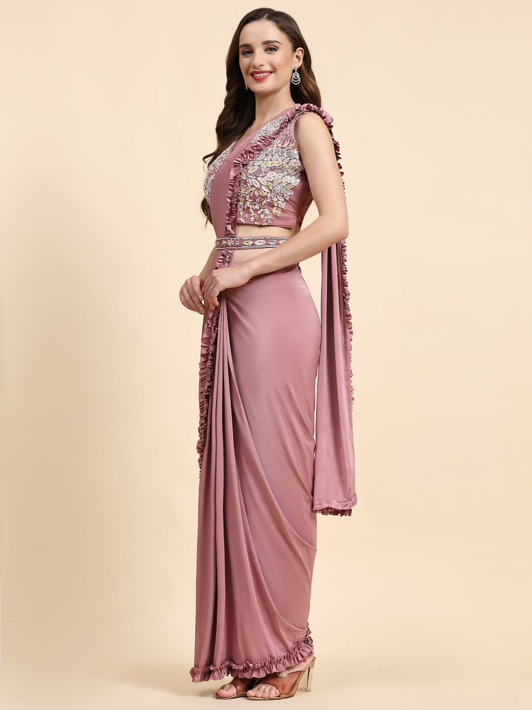 Pink Lycra Solid Ready to wear Saree with stitched Blouse - Vanita
