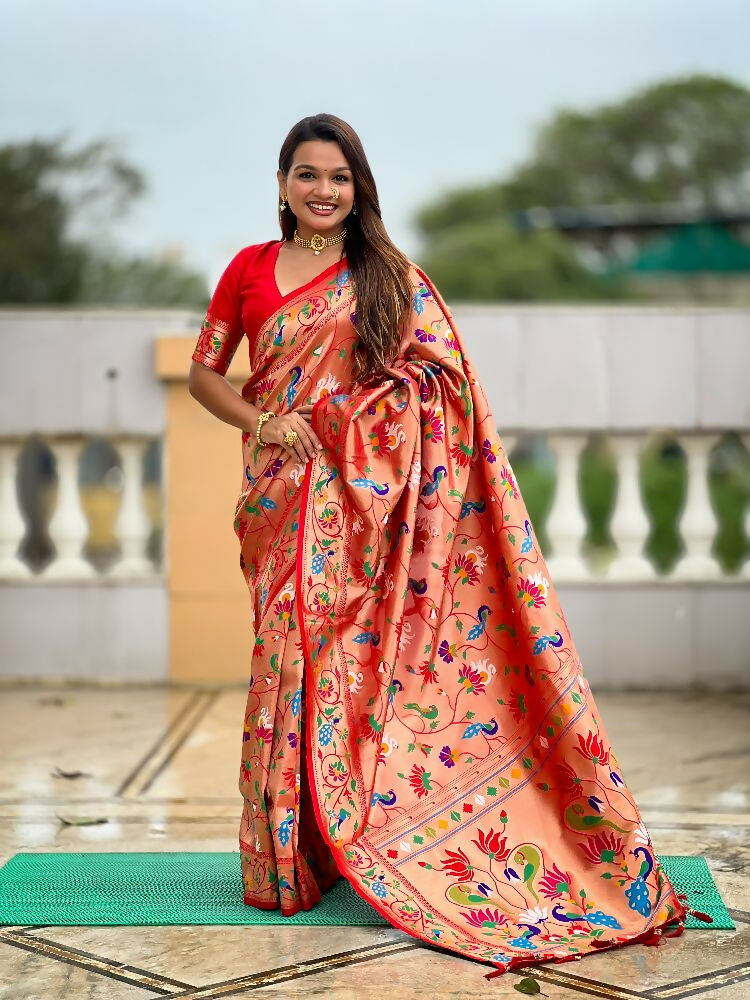 PR Fashion Red Oft Kanjivaram Paithani Silk With Zari Weaving Meenakari Design Saree