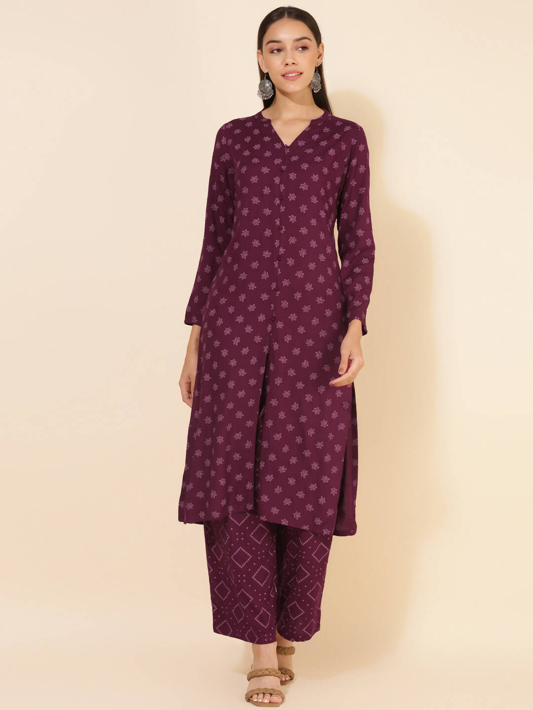 Janasya Women's Wine Rayon Floral Printed Casual Straight Co-ords