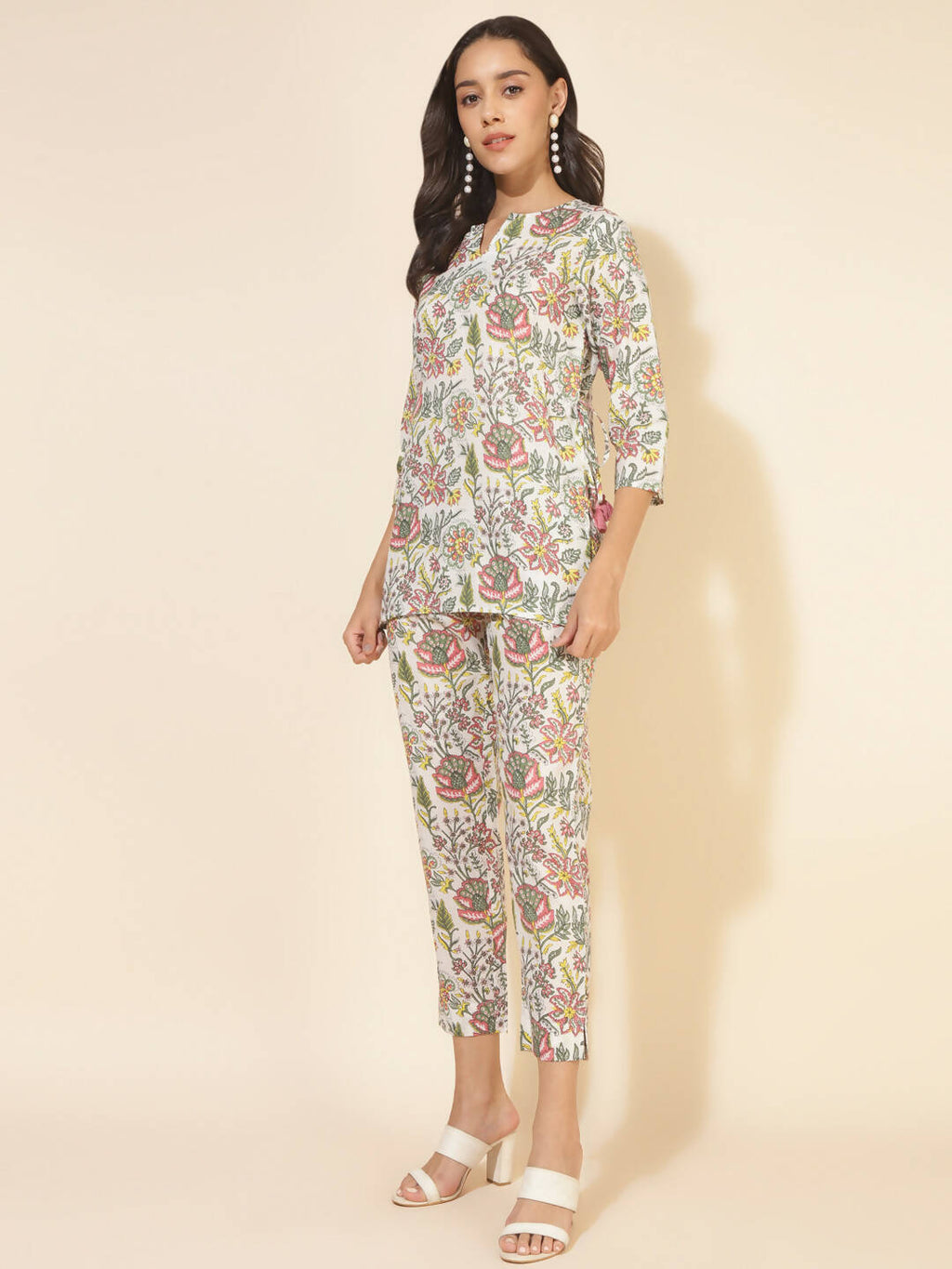 Janasya Women's White Cotton Printed Casual Regular Co-ords
