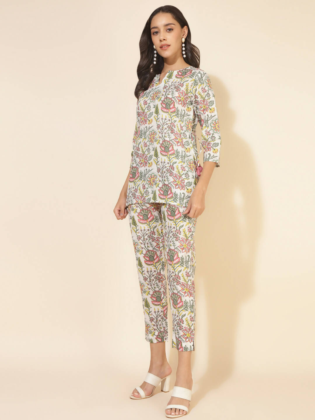 Janasya Women's White Cotton Printed Casual Regular Co-ords