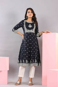 Juniper Women Indigo Rayon Printed A-Line Kurta