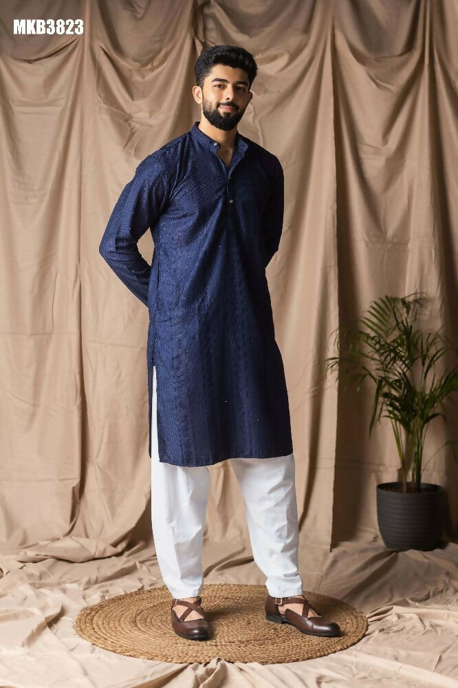 Navy Blue Rayon Thread Embroidery Work Kurta Set - Mahotsav