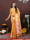 Lorenvalley Fashion Orange Cotton with Woven Design Zari Weaving Saree