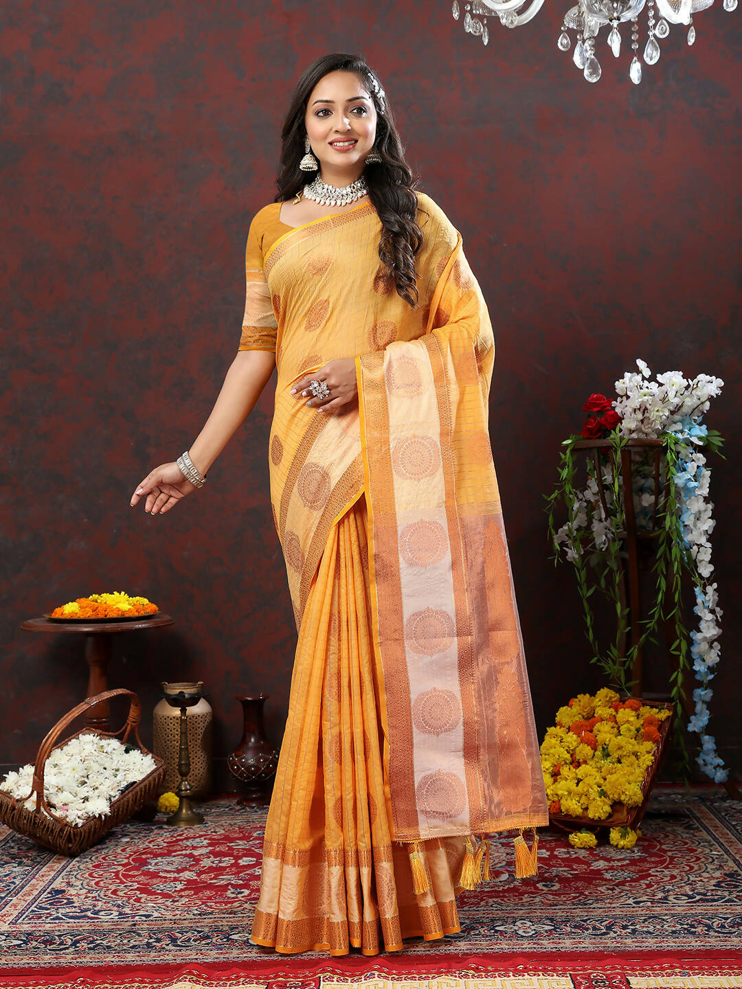 Lorenvalley Fashion Orange Cotton with Woven Design Zari Weaving Saree