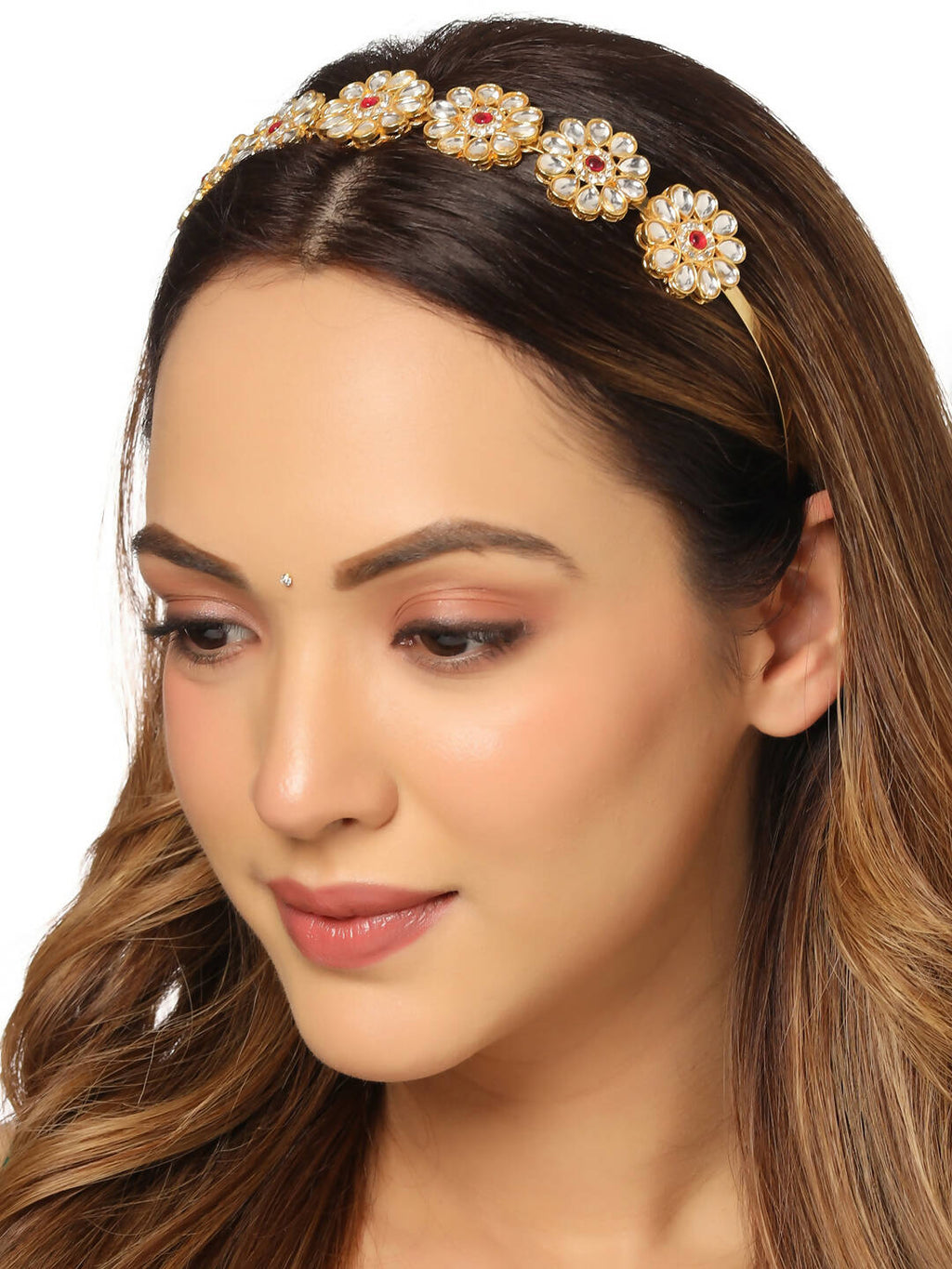 NVR Women's Rajputi Gold-Polished Kundan Matha Patti Hairband