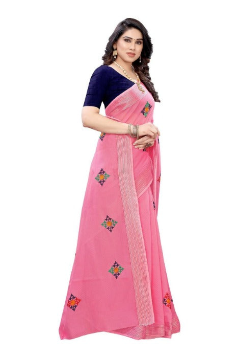 Vamika Chanderi Cotton Embroidery Pink Saree (Dixa Pink)