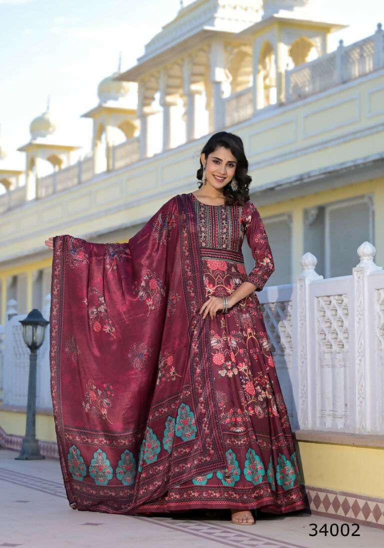 Partywear Designer Maroon Dola Silk Anarkali suit with Dupatta - Suzen
