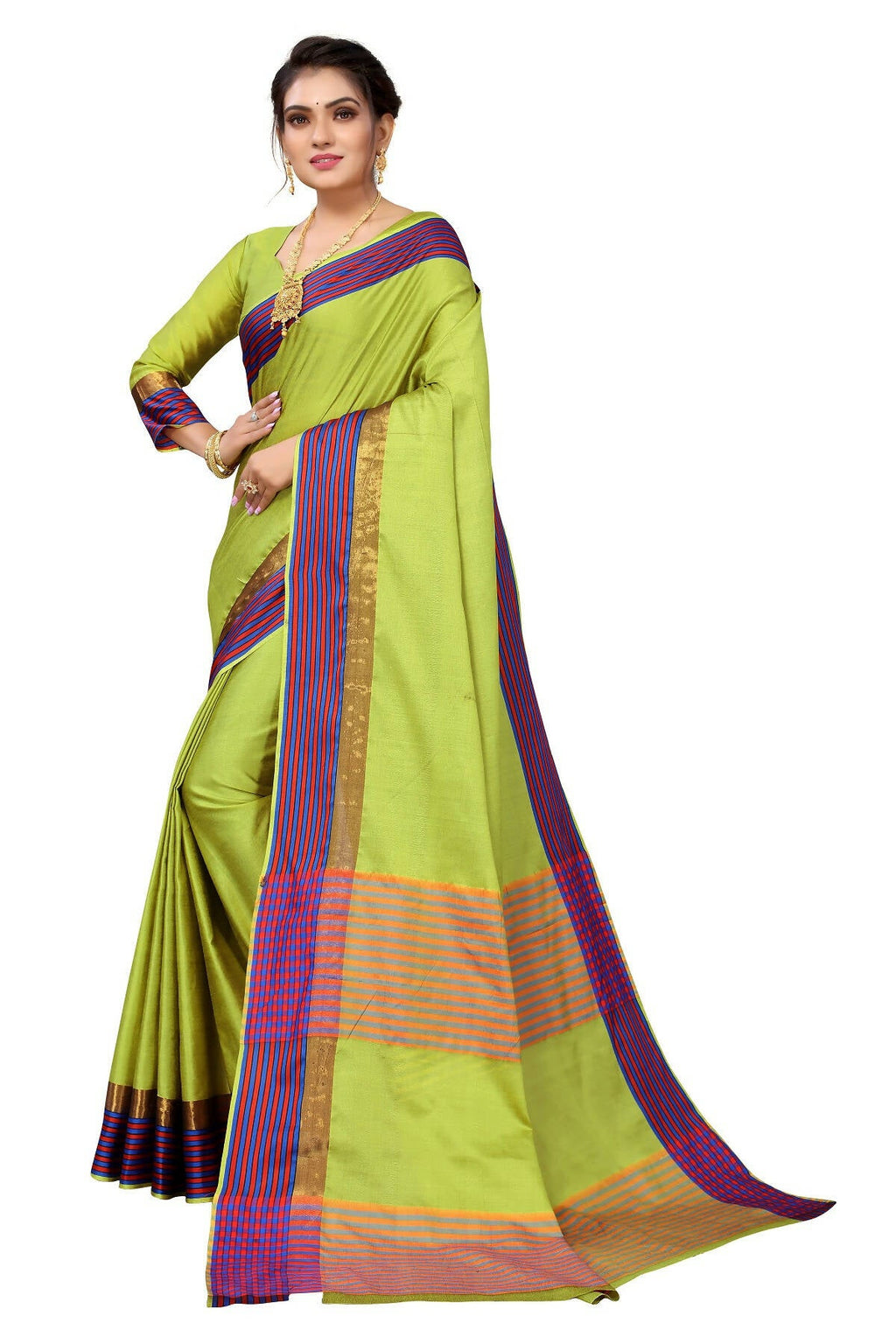 Vamika Ethnic Fire Parrot Green Cotton Silk Saree