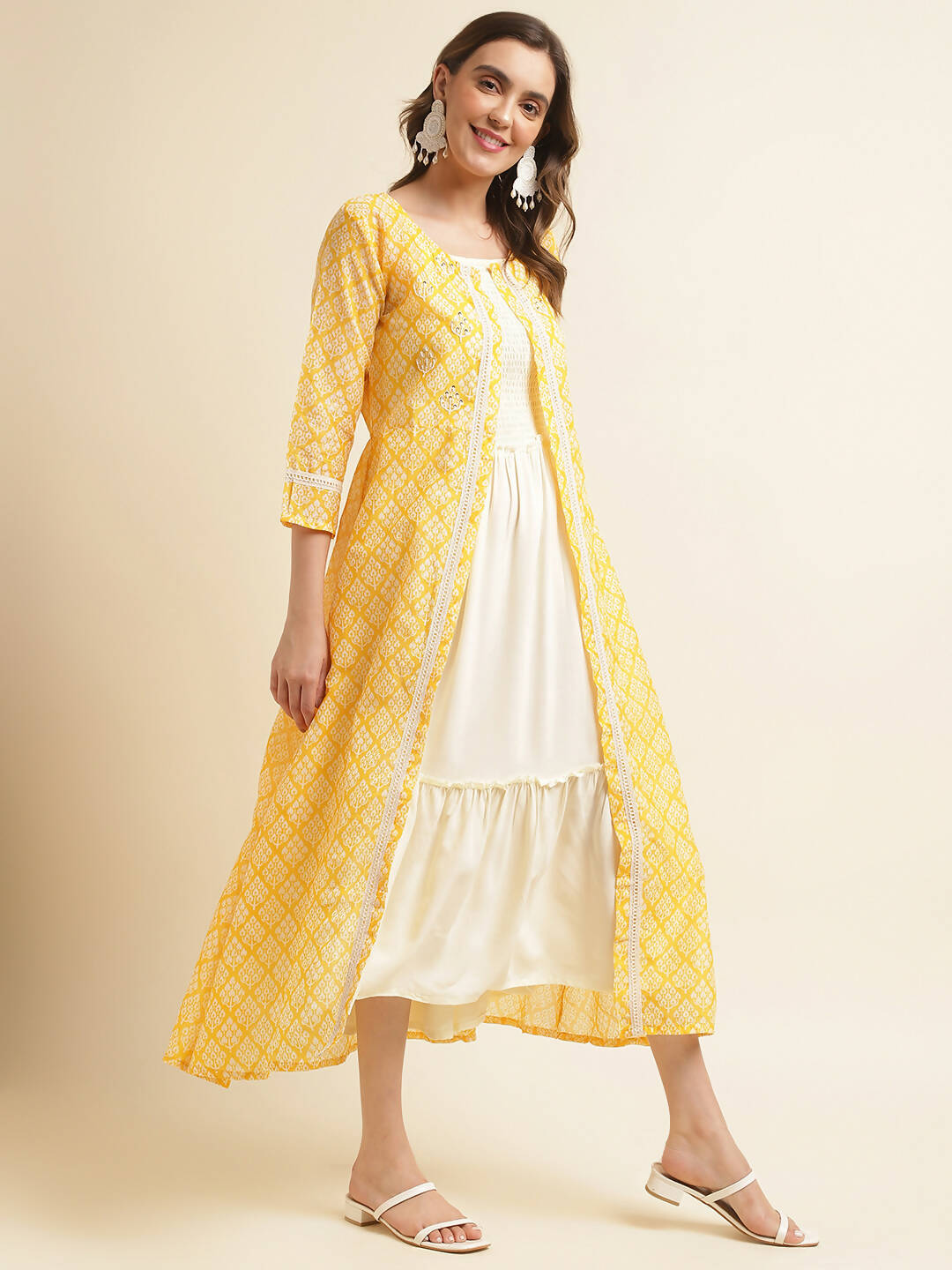 White Cotton Solid Flared Dress with Printed Shrug - Yukti