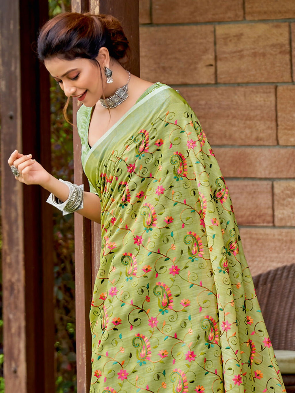 Shree Shyam Fashion Linen Yellow Green Saree