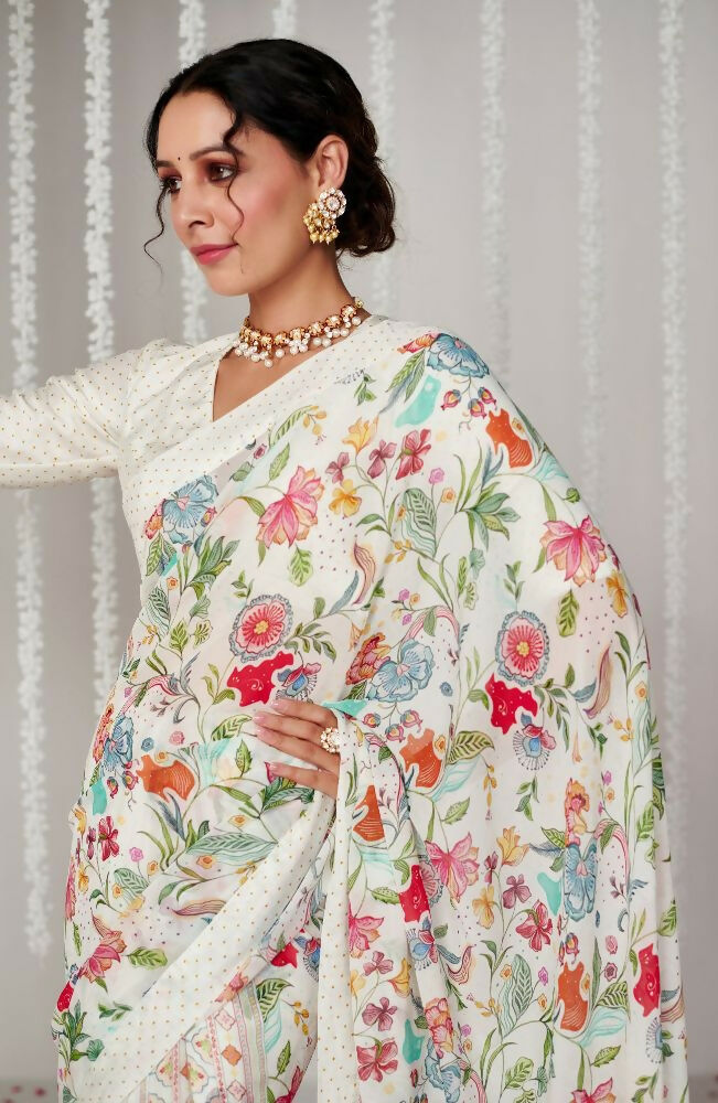 Off White Bright Moss Designer Digital Printed Party Wear Saree - Be Verly