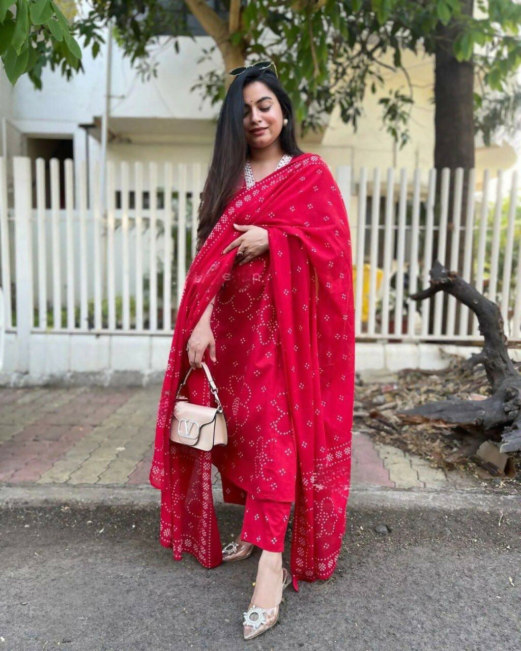 The52 Red Women's Beautiful Rayon Fabric Printed Work Straight Kurta Pant and Dupatta Set