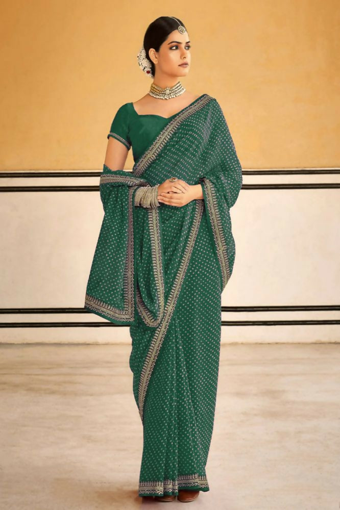 PR Fashion Green Georgette Embroidery Lace Saree