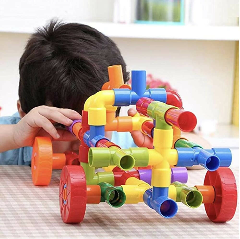 Kipa 150 Pieces Pipe Puzzle with Storage Container, Educational & Intellectual Playing Model Construction Blocks with Rolling Wheelbase