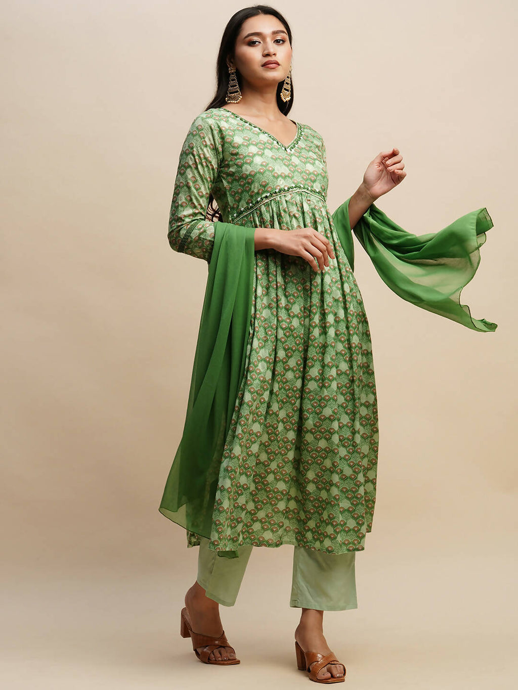 Green Pure Cotton Floral Printed Naira Cut Kurta And Bottom With Dupatta - Akashara