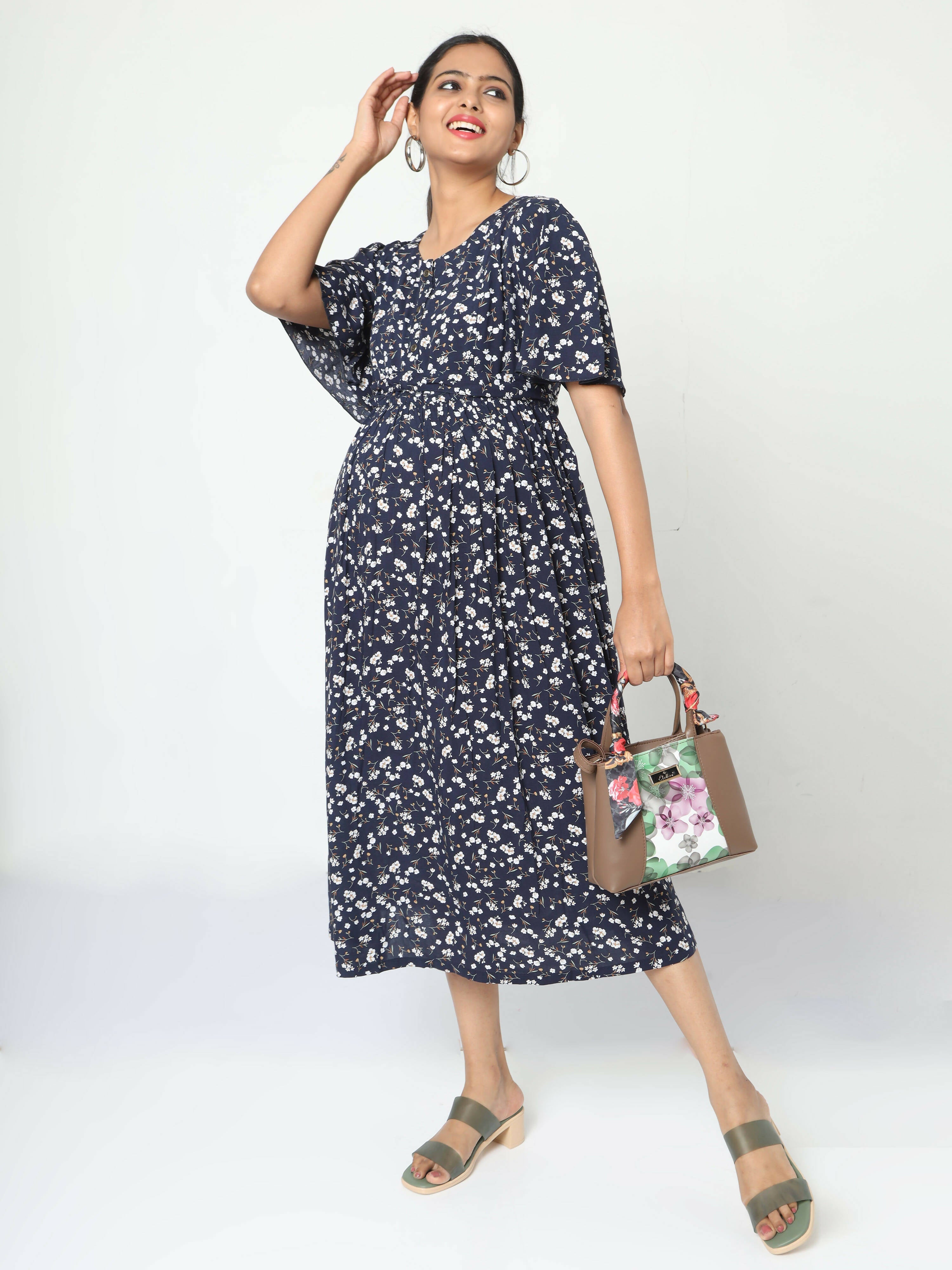 Manet Frill Slevees Maternity Dress Floral Print With Concealed Zipper Nursing Access - Navy