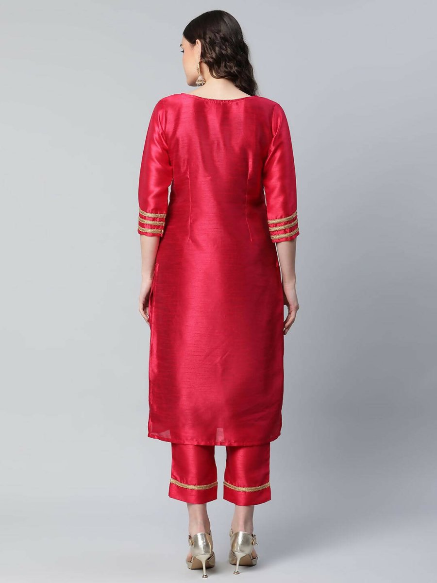 Ahalyaa Womens Red Art Silk Printed Kurta Pant Set