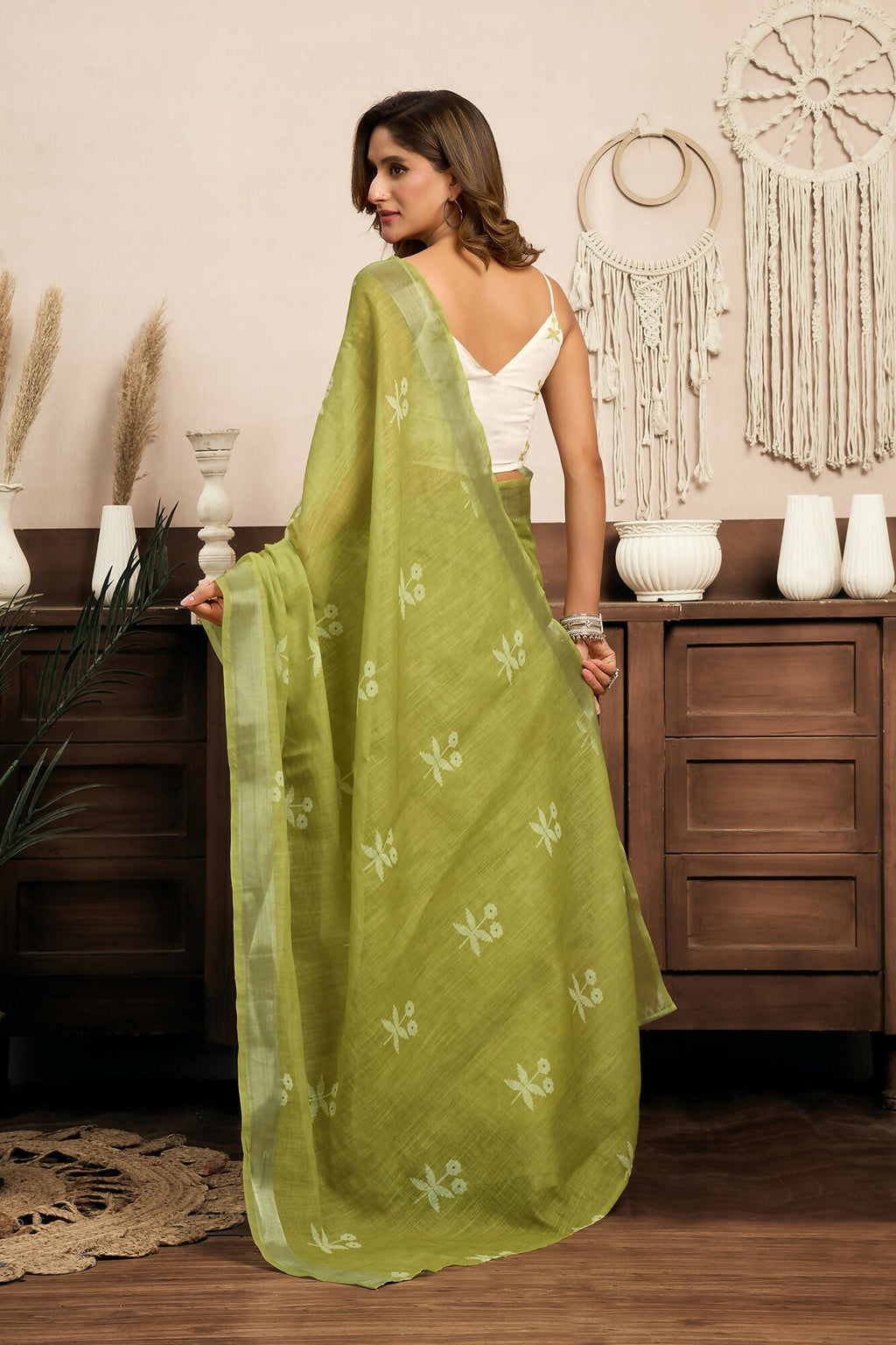 Vastranavya Mehendi Digital Printed Linen Ready To Wear Designer Saree with Unstitched Blouse