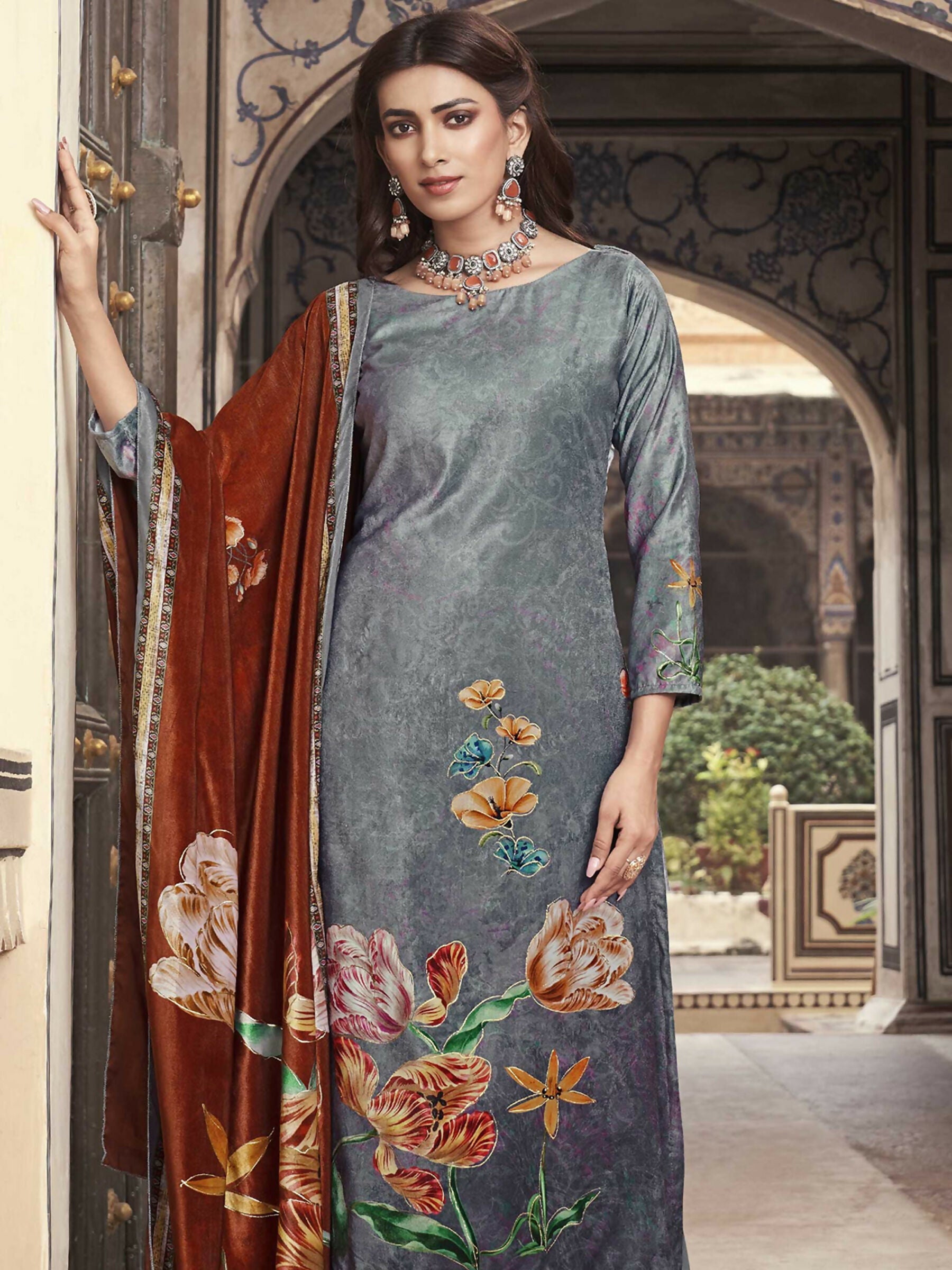 Jyoti Fashion Women's Grey Velvet Floral Digital Printed Kurta with Trouser & Dupatta