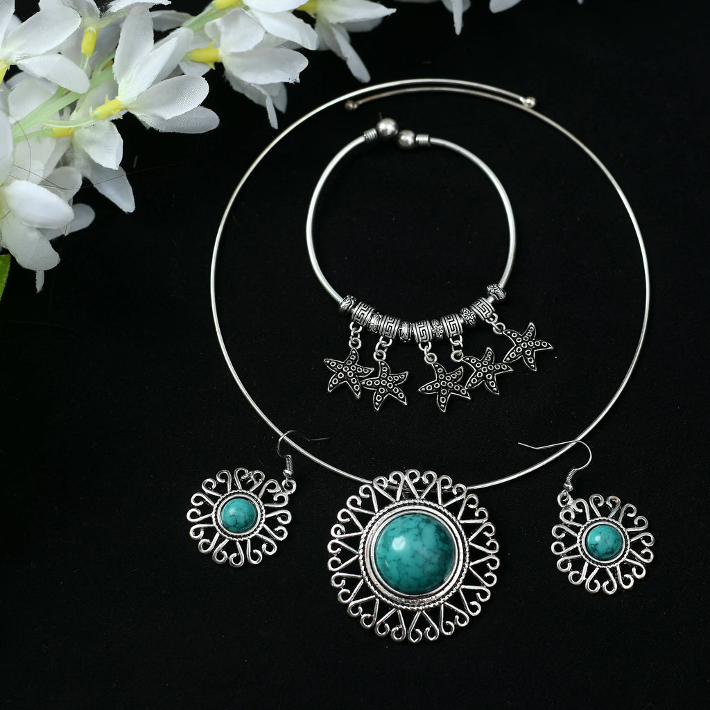 Mominos Fashion Johar Kamal Oxidised Silver-Plated Stone Work Necklace Handicraft