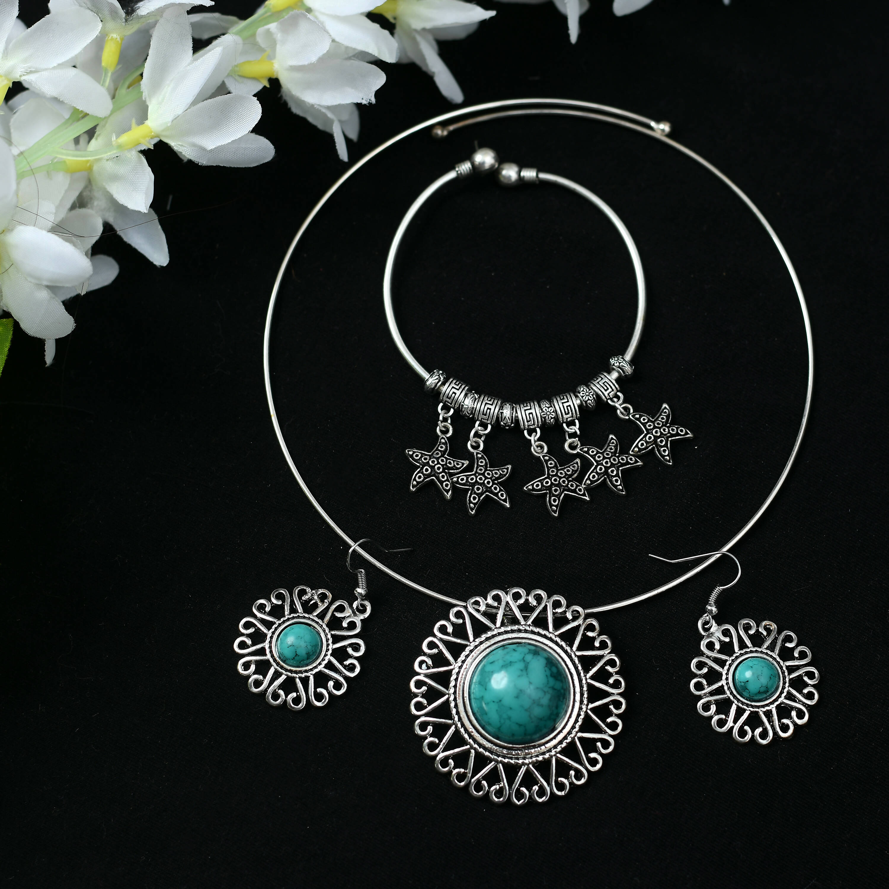 Mominos Fashion Johar Kamal Oxidised Silver-Plated Stone Work Necklace Handicraft