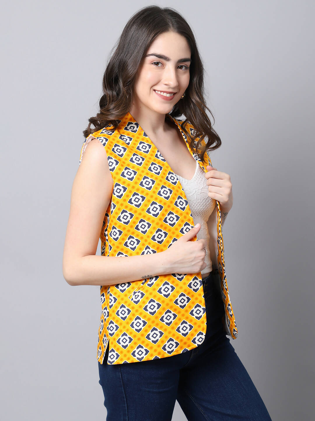Even Apparels Yellow Viscose Rayon Open Front Women's Waistcoat