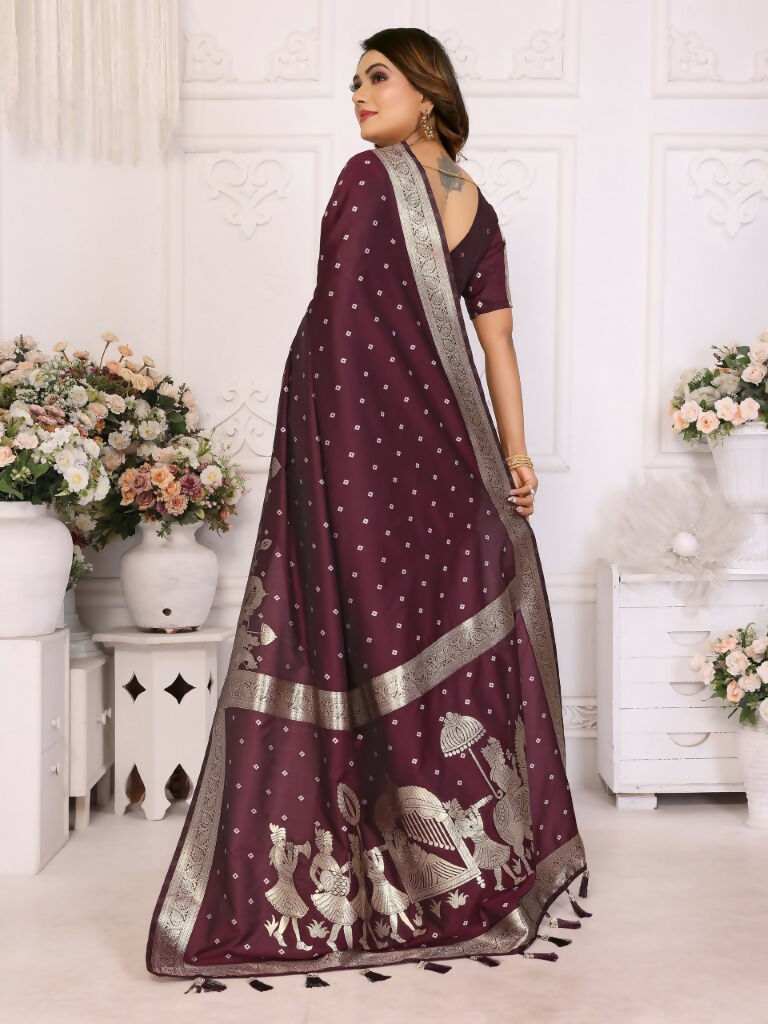 Anaita Dark Brown kochi Silk With Bandhej Weaving Saree With Blouse