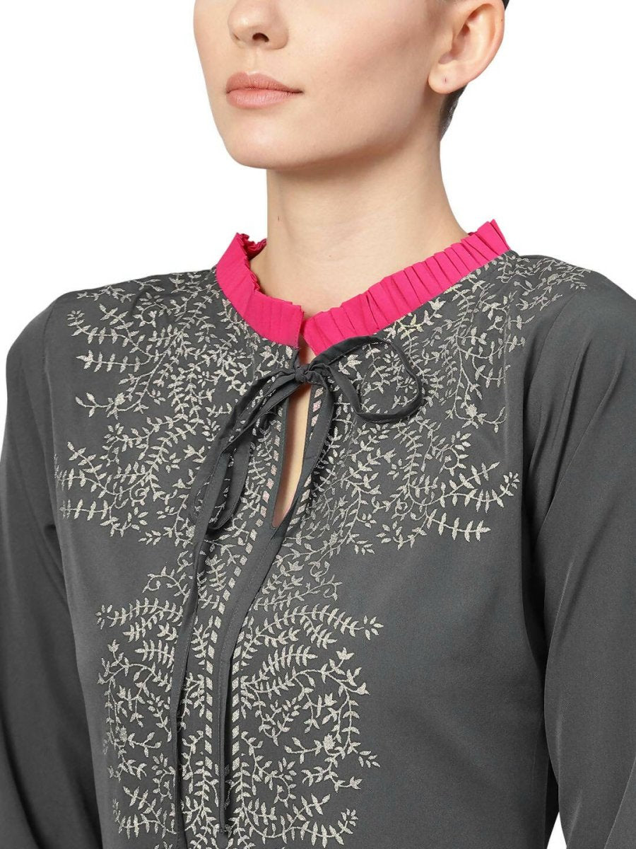 Ahalyaa Grey Crepe Printed Kurta Palazzo Set With Dupatta