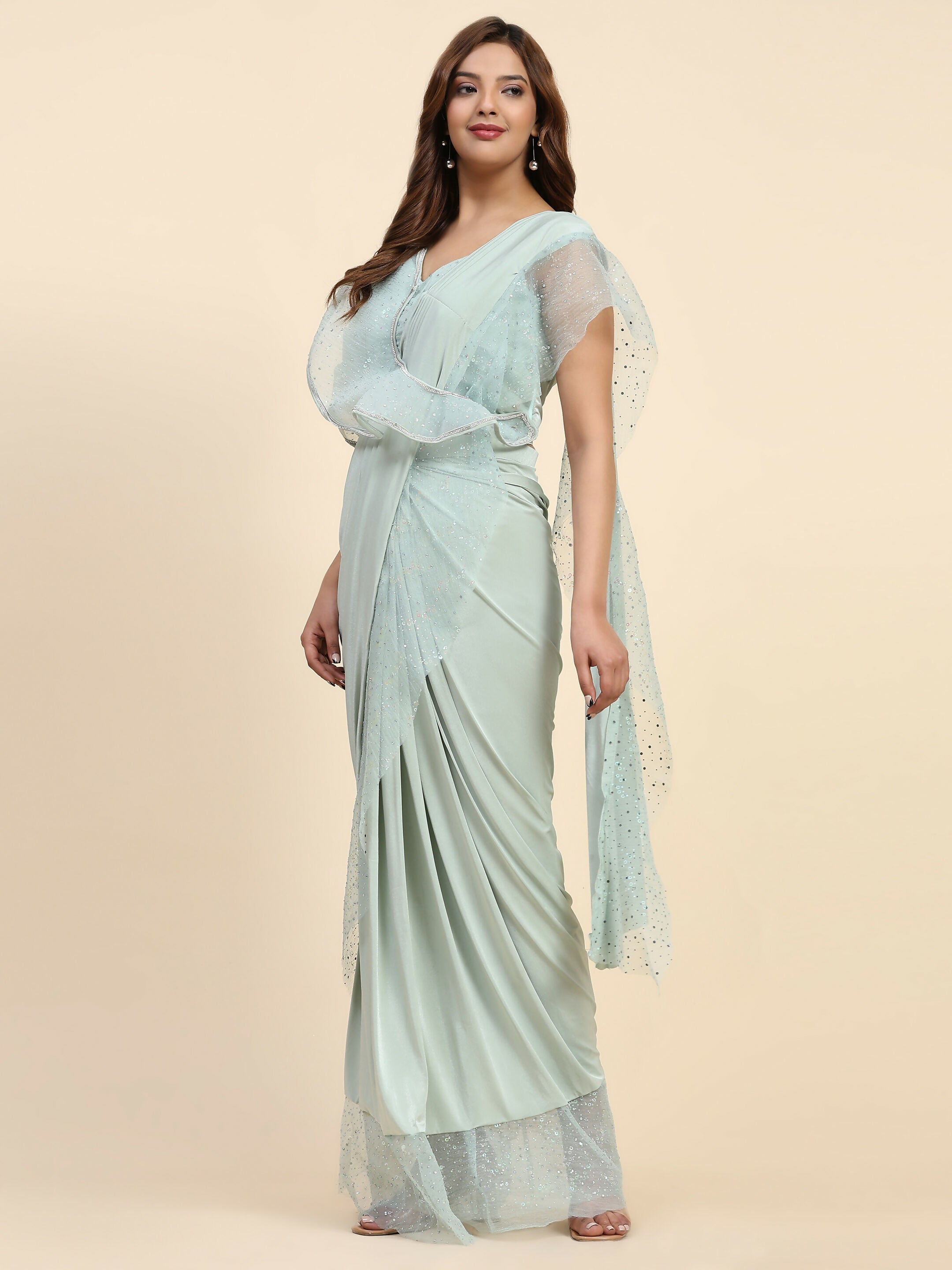 Light Blue Lycra Solid Ready to Wear Saree with stitched Blouse - Nita