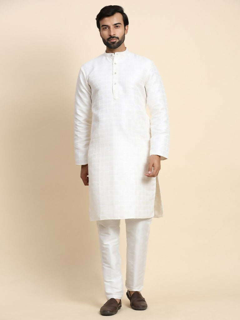 White Viscose Jacquard Woven Jacquard Designer Men's Rajwadi Kurta Set - Mahotsav