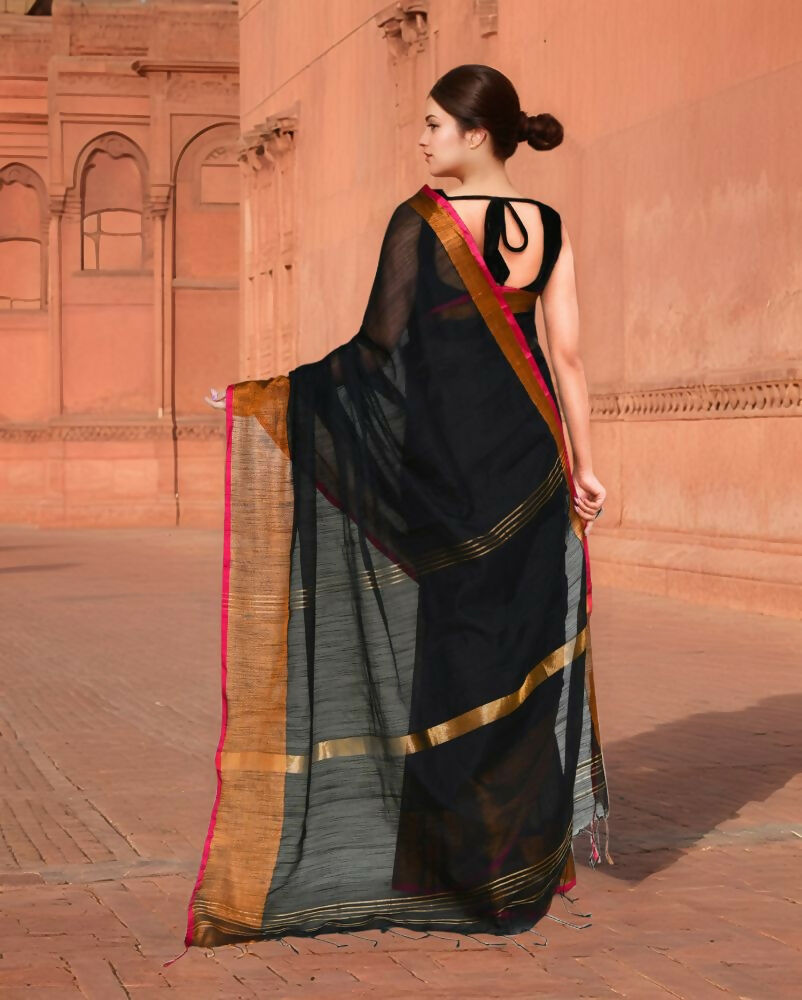 Joban Fashion Women Black & Pink Trendy Cotton Saree