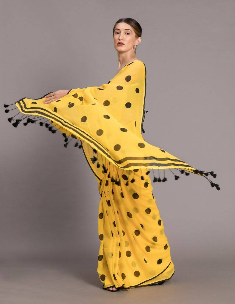 Suta Yellow and Black Polka Printed Pure Cotton Saree