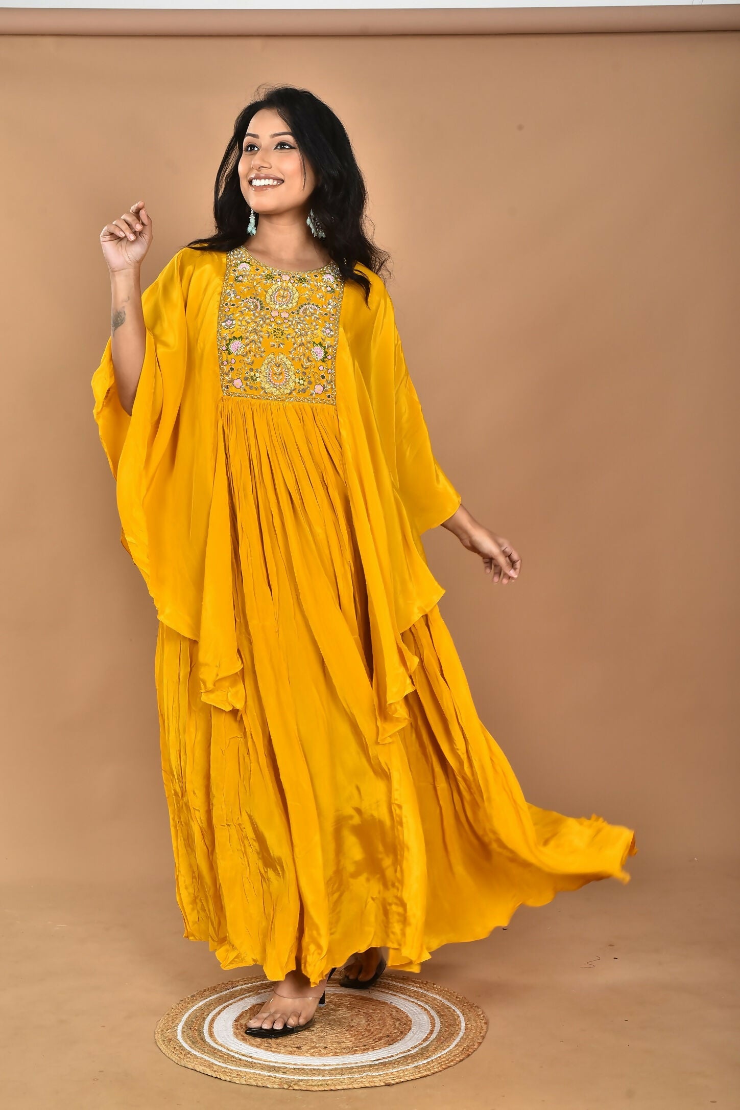 Morchari Kaftan Zari Embroidery Work Gown-Yellow