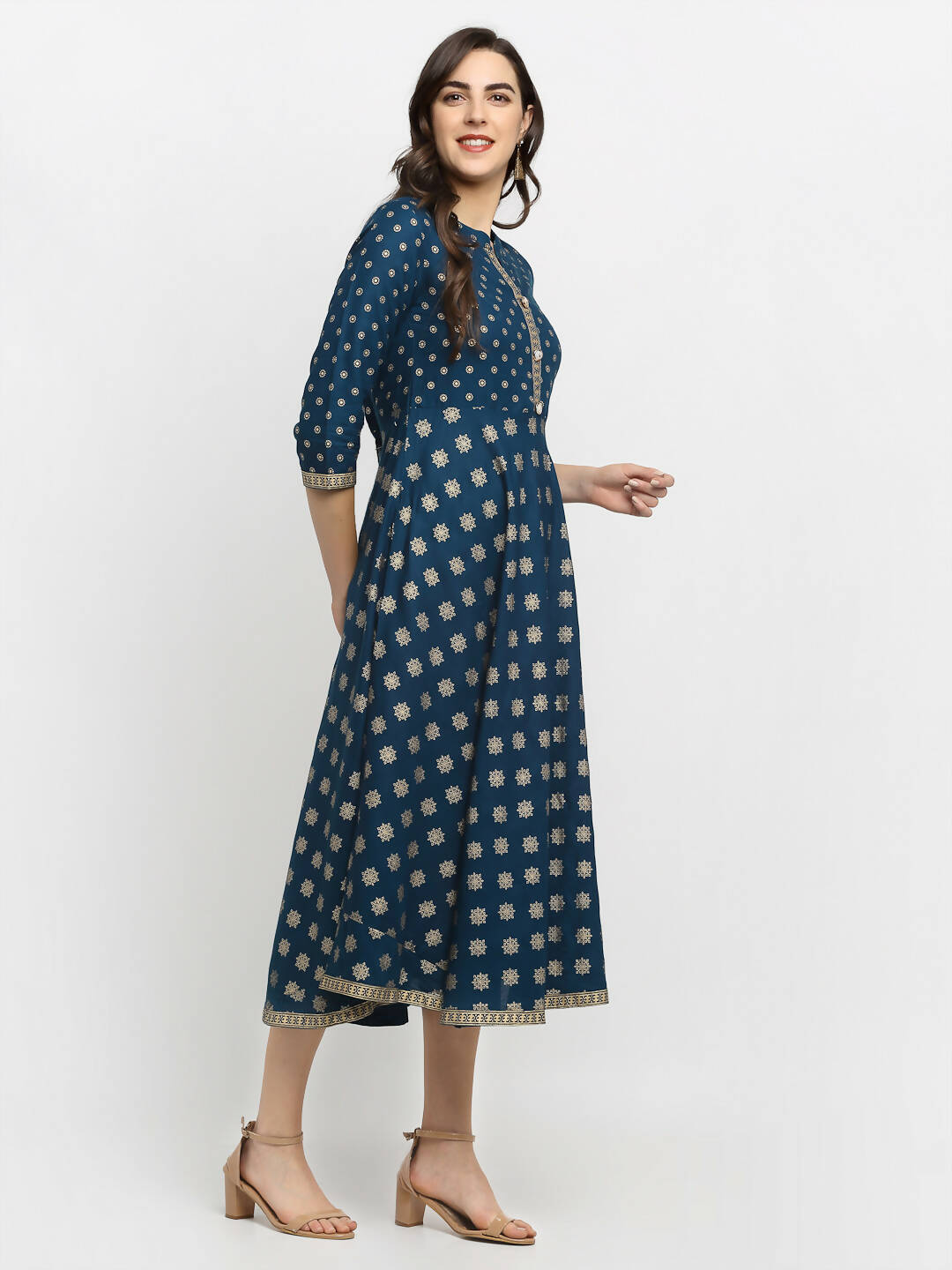 Rudra Bazaar A-Line Gold Floral Printed Turquoise Blue Kurti