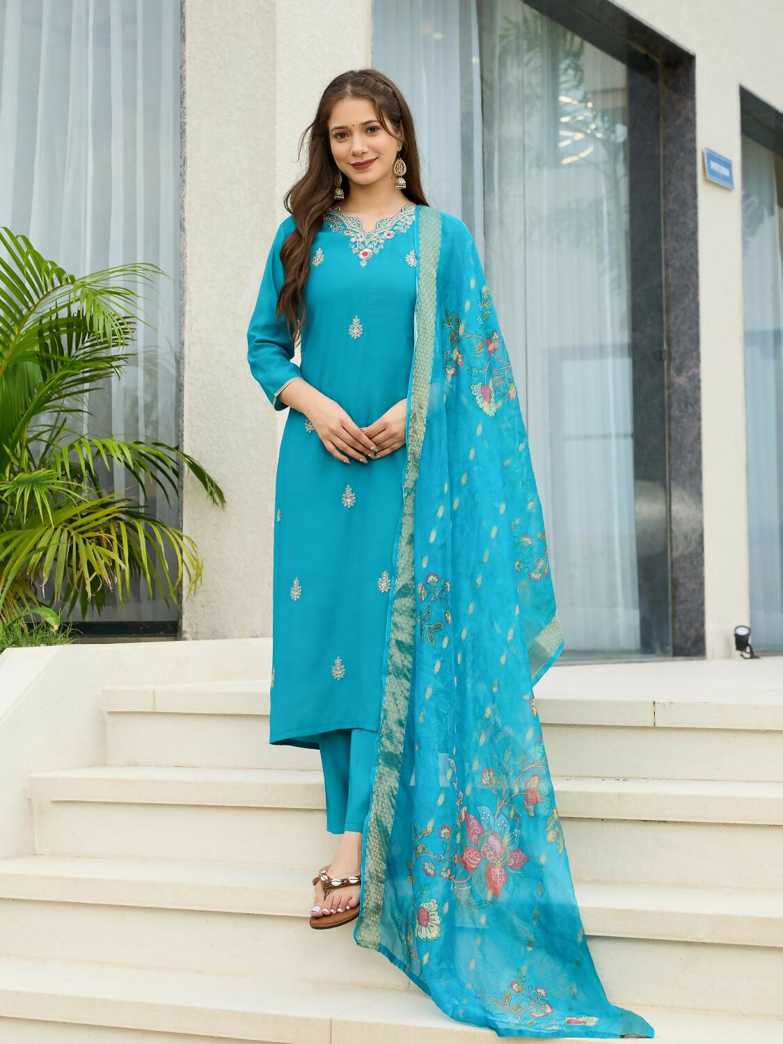 The52 Blue Women's Gorgeous Viscose Fabric Embroidered Work Straight Kurta, Pant and Dupatta Set