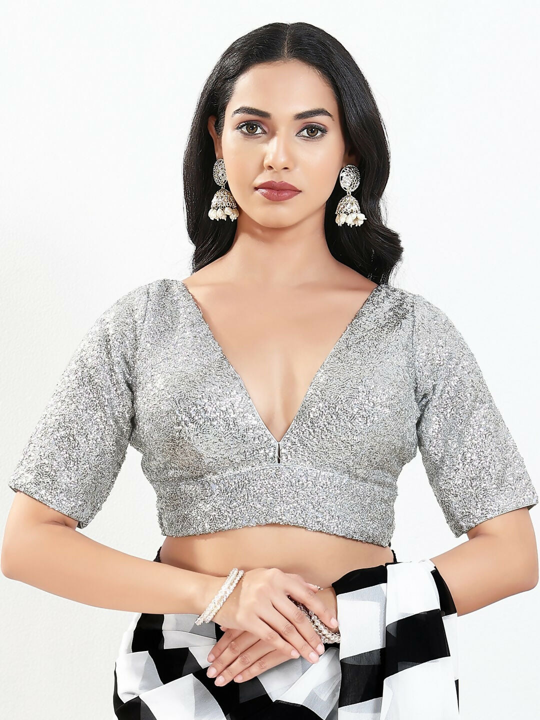 Joban Fashion Silver Silk Padded Blouse With V Neck Elbow Sleeves