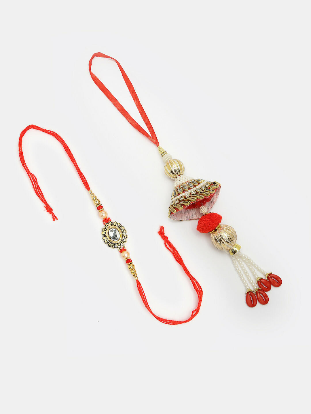 NVR Women & Men Set of 2 Gold & Red Kundan-Studded Bhaiya Bhabhi Rakhi With Roli Chawal & Chocolate