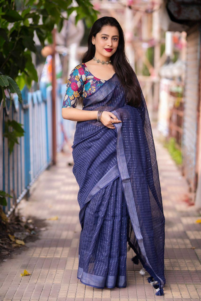 Nblue Linen Sequence Saree with Unstitched Blouse - Hiral Fashion