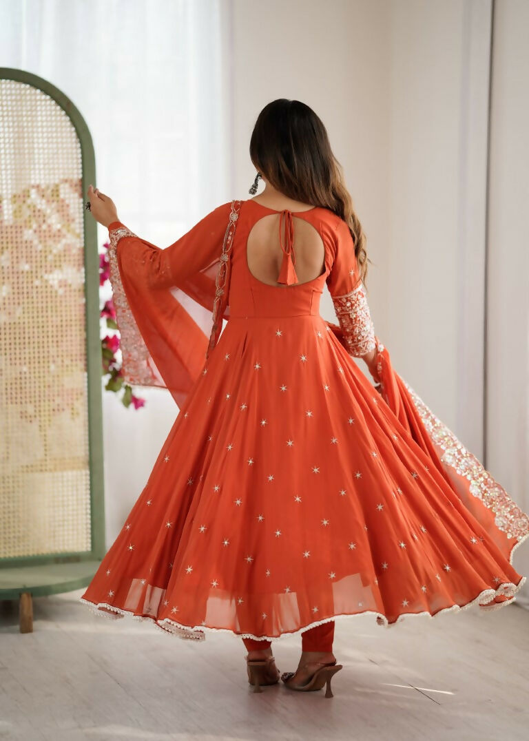 Teeya Creation Orange Color Faux georgette Embroidery Work Wedding Wear Gown