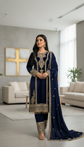 Teeya Creation Blue Color Velvet Fabric Designer Embroidery Work Suit